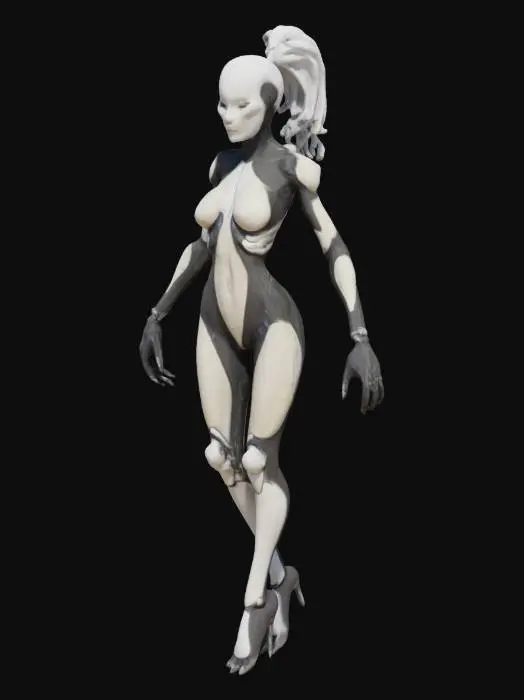 3D model for a rogue biomechanic slender monster dancer. Her body is sleek, segmented like an insect, with chrome limbs and soft glowing joints. She wears tight reactive minimalistic armor. Her hair is tubular and short, wired into sensors.