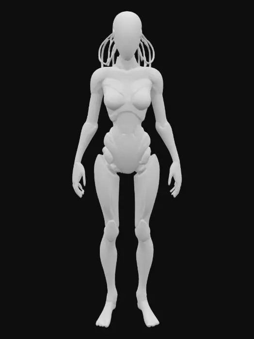 3D model for a rogue biomechanic slender monster dancer. Her body is sleek, segmented like an insect, with chrome limbs and soft glowing joints. She wears tight reactive minimalistic armor. Her hair is tubular and short, wired into sensors.