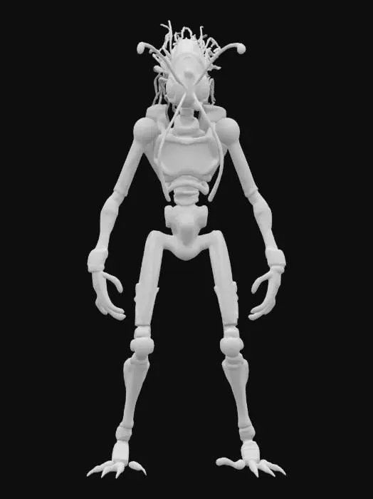 3D model for a rogue biomechanic slender monster humanoid. His body is sleek, segmented like an insect, with chrome limbs and soft glowing joints. he wears tight reactive minimalistic armor. he has biomechanical eyes incorporated all over his body. Hes hair is tubular and short, wired into sensors