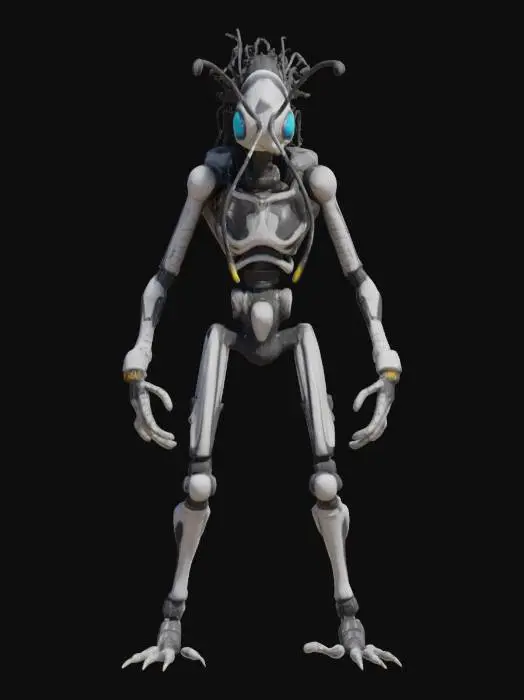 3D model for a rogue biomechanic slender monster humanoid. His body is sleek, segmented like an insect, with chrome limbs and soft glowing joints. he wears tight reactive minimalistic armor. he has biomechanical eyes incorporated all over his body. Hes hair is tubular and short, wired into sensors