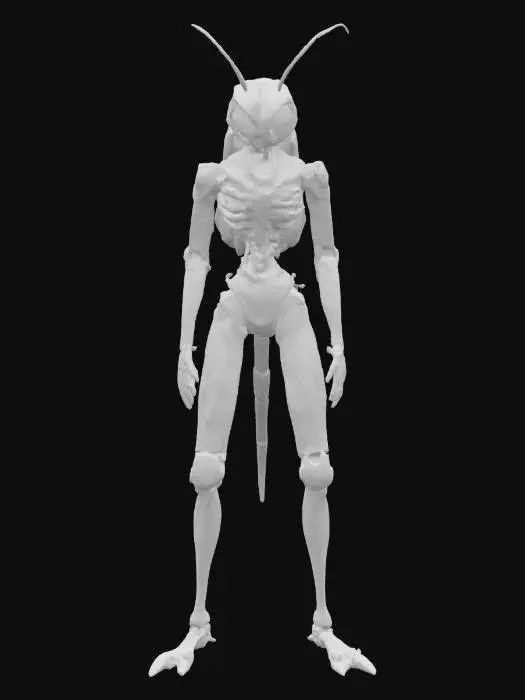 3D model for a rogue biomechanic slender monster humanoid. His body is sleek, segmented like an insect, with chrome limbs and soft glowing joints. he wears tight reactive minimalistic armor. he has biomechanical eyes incorporated all over his body. Hes hair is tubular and short, wired into sensors