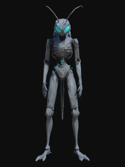 3D model for a rogue biomechanic slender monster humanoid. His body is sleek, segmented like an insect, with chrome limbs and soft glowing joints. he wears tight reactive minimalistic armor. he has biomechanical eyes incorporated all over his body. Hes hair is tubular and short, wired into sensors