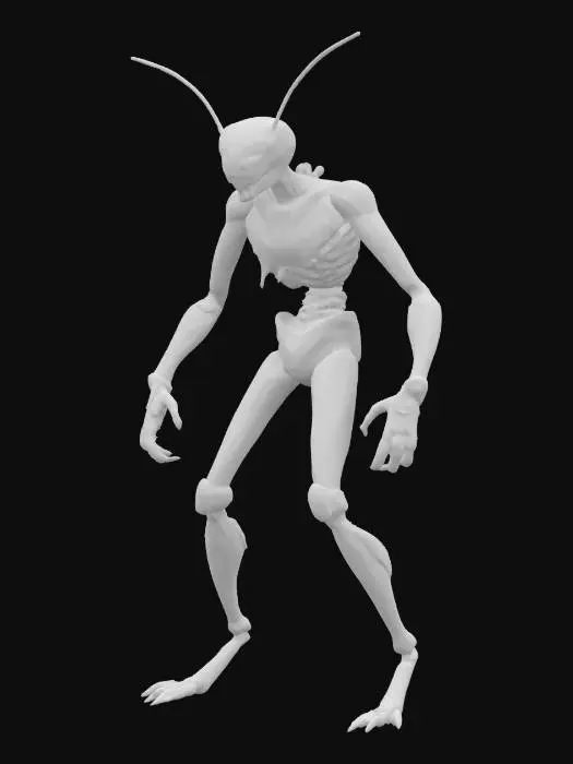 3D model for a rogue biomechanic slender monster humanoid. His body is sleek, segmented like an insect, with chrome limbs and soft glowing joints. he wears tight reactive minimalistic armor. he has biomechanical eyes incorporated all over his body. Hes hair is tubular and short, wired into sensors