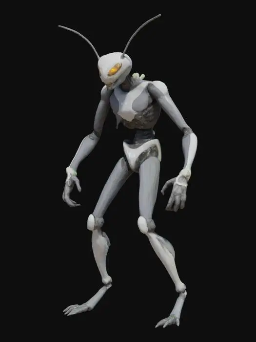 3D model for a rogue biomechanic slender monster humanoid. His body is sleek, segmented like an insect, with chrome limbs and soft glowing joints. he wears tight reactive minimalistic armor. he has biomechanical eyes incorporated all over his body. Hes hair is tubular and short, wired into sensors