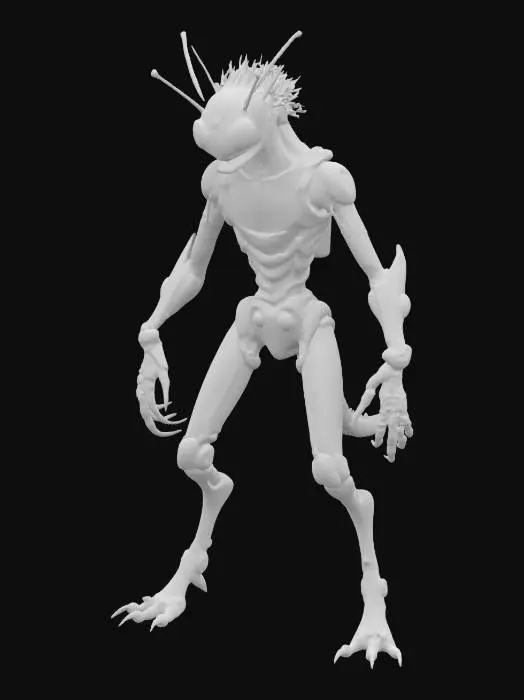 3D model for a rogue biomechanic slender monster humanoid. His body is sleek, segmented like an insect, with chrome limbs and soft glowing joints. he wears tight reactive minimalistic armor. he has biomechanical eyes incorporated all over his body. Hes hair is tubular and short, wired into sensors