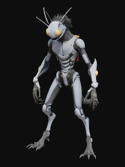 3D model for a rogue biomechanic slender monster humanoid. His body is sleek, segmented like an insect, with chrome limbs and soft glowing joints. he wears tight reactive minimalistic armor. he has biomechanical eyes incorporated all over his body. Hes hair is tubular and short, wired into sensors