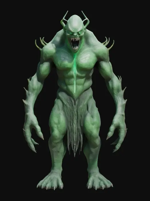 3D model for #garden# ancient stone Jade magmatic golem monster with talons and fangs, simplified abstract agony.