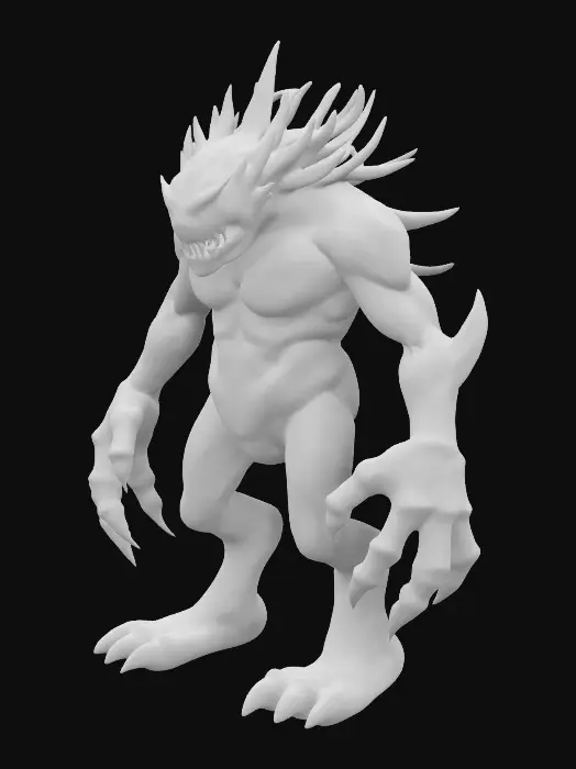 3D model for #garden# Jade golem monster with talons and fangs, simplified abstract agony.