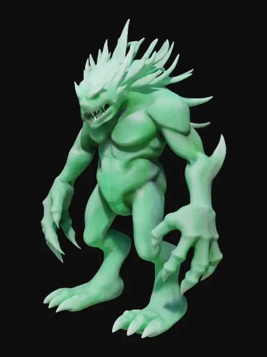 3D model for #garden# Jade golem monster with talons and fangs, simplified abstract agony.