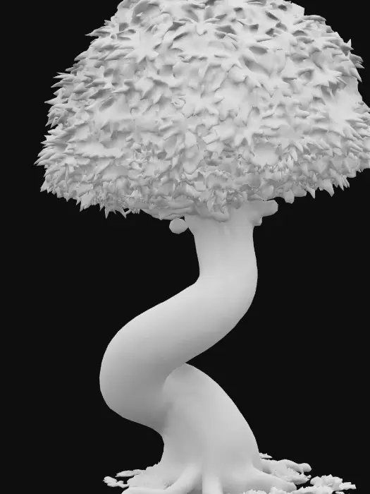 3D model for Weeping willow tree, the trunk of tree is white color semi-translucent surface, anthropomorphic, the weeping leaves are crimson color semi-translucent surface, anthropomorphic, vibrant. 