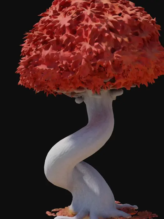 3D model for Weeping willow tree, the trunk of tree is white color semi-translucent surface, anthropomorphic, the weeping leaves are crimson color semi-translucent surface, anthropomorphic, vibrant. 