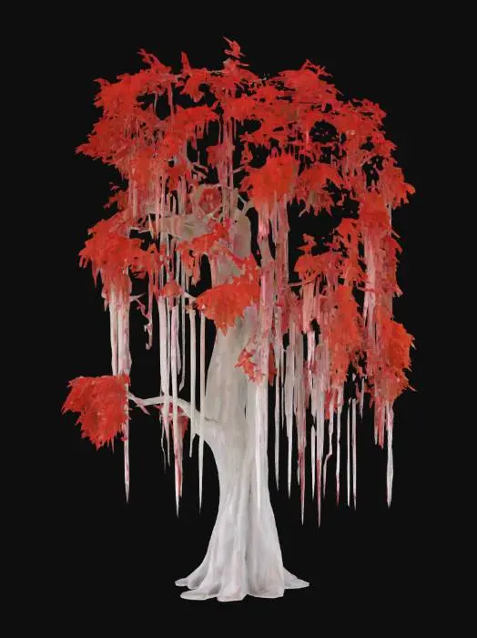 3D model for Giant, monumental Weeping willow tree, the trunk of tree is white color semi-translucent surface, anthropomorphic, very brenched treetop, the weeping leaves are crimson color semi-translucent surface, anthropomorphic, vibrant. 
