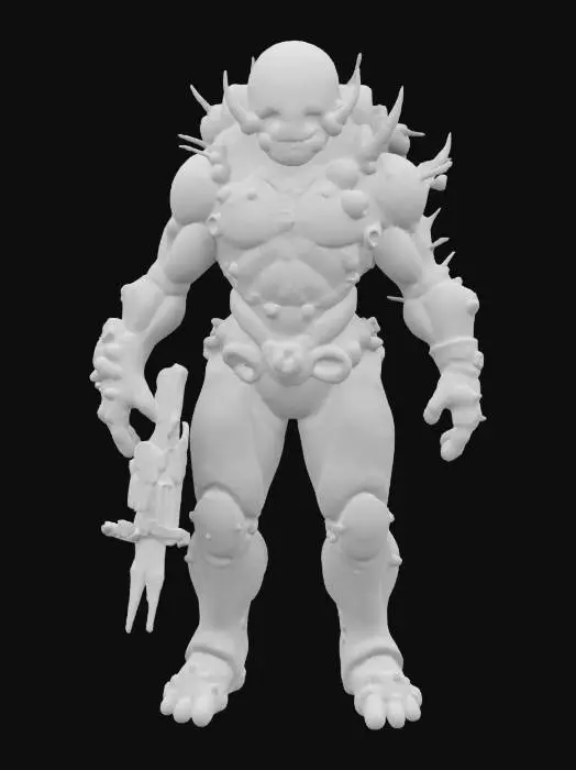 3D model for a deep-space miner mutated by alien spores. His skin is rough, semi-metallic, with glowing fungal growths spreading across one side. He wears no cloak or cape—only a reinforced exosuit with exposed wiring, glowing vents, and cracked armor plates. One arm has fused with a mining tool, now organic and sharp. His eyes shine with spore light, and he breathes through a chest valve. Make him eerie, tragic, and strangely powerful