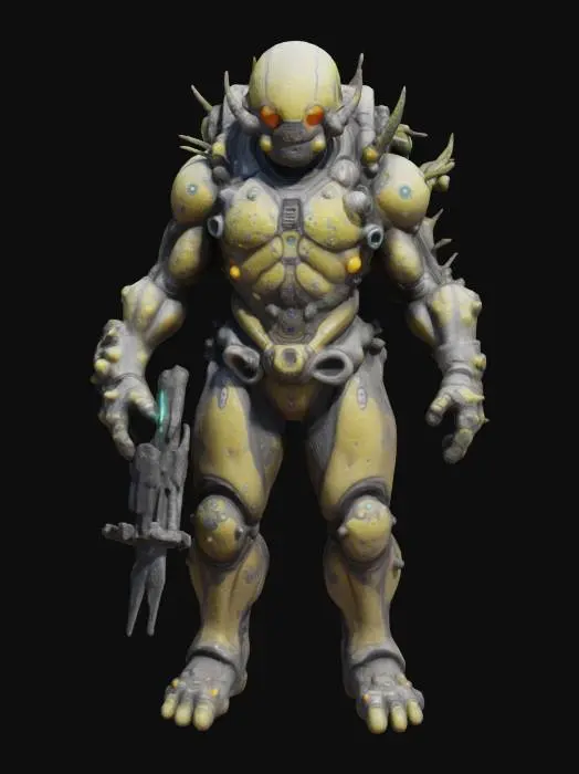 3D model for a deep-space miner mutated by alien spores. His skin is rough, semi-metallic, with glowing fungal growths spreading across one side. He wears no cloak or cape—only a reinforced exosuit with exposed wiring, glowing vents, and cracked armor plates. One arm has fused with a mining tool, now organic and sharp. His eyes shine with spore light, and he breathes through a chest valve. Make him eerie, tragic, and strangely powerful