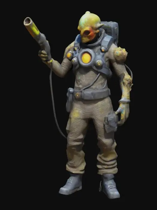 3D model for a deep-space miner mutated by alien spores. His skin is rough, semi-metallic, with glowing fungal growths spreading across one side. He wears no cloak or cape—only a reinforced exosuit with exposed wiring, glowing vents, and cracked armor plates. One arm has fused with a mining tool, now organic and sharp. His eyes shine with spore light, and he breathes through a chest valve. Make him eerie, tragic, and strangely powerful