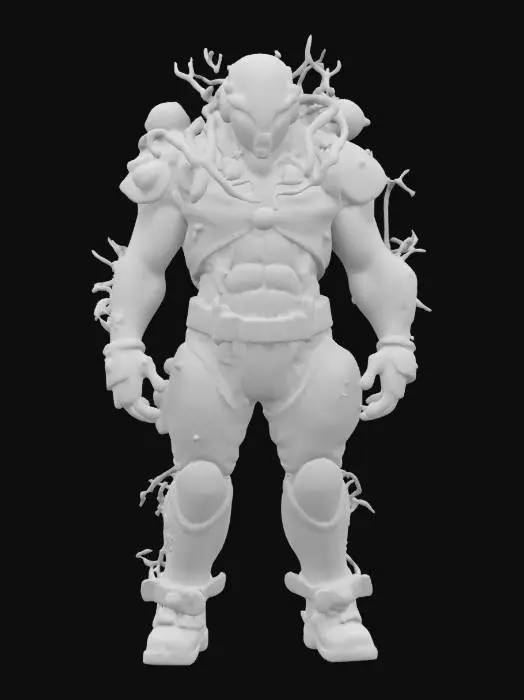 3D model for a deep-space miner mutated by alien spores. His skin is rough, semi-metallic, with glowing fungal growths spreading across one side. He wears no cloak or cape—only a reinforced exosuit with exposed wiring, glowing vents, and cracked armor plates. One arm has fused with a mining tool, now organic and sharp. His eyes shine with spore light, and he breathes through a chest valve. Make him eerie, tragic, and strangely powerful