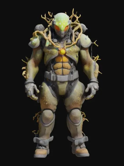 3D model for a deep-space miner mutated by alien spores. His skin is rough, semi-metallic, with glowing fungal growths spreading across one side. He wears no cloak or cape—only a reinforced exosuit with exposed wiring, glowing vents, and cracked armor plates. One arm has fused with a mining tool, now organic and sharp. His eyes shine with spore light, and he breathes through a chest valve. Make him eerie, tragic, and strangely powerful