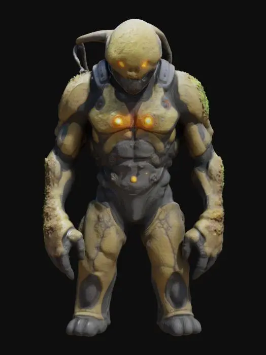 3D model for a deep-space miner mutated by alien spores. His skin is rough, semi-metallic, with glowing fungal growths spreading across one side. He wears no cloak or cape—only a reinforced exosuit with exposed wiring, glowing vents, and cracked armor plates. One arm has fused with a mining tool, now organic and sharp. His eyes shine with spore light, and he breathes through a chest valve. Make him eerie, tragic, and strangely powerful