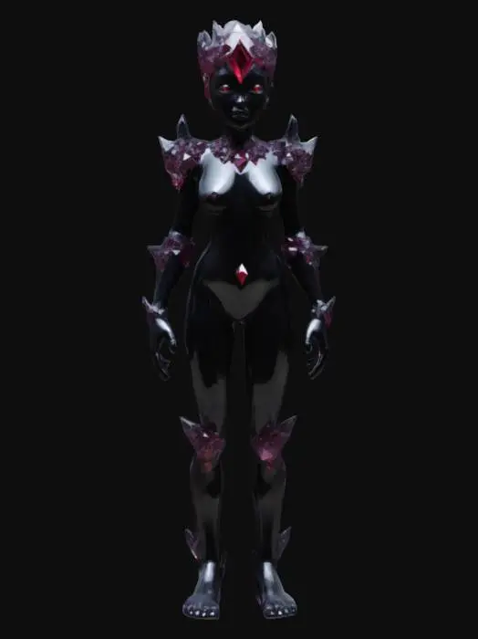 3D model for a crystalline wanderer formed in the heart of a living mountain. Its body is composed of jagged gem-like shards, glowing softly from within. No cloak or cape—its form is adorned only with naturally grown mineral patterns and embedded ores. Limbs are angular yet graceful, eyes shimmer with ancient memory.
