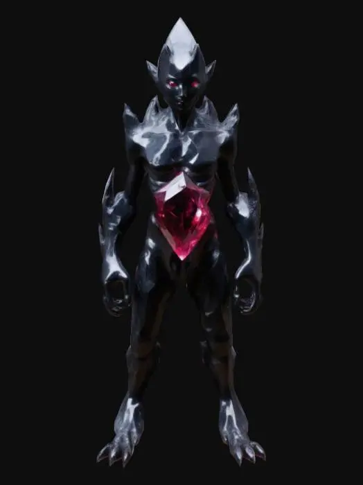 3D model for a crystalline wanderer formed in the heart of a living mountain. Its body is composed of jagged gem-like shards, glowing softly from within. No cloak or cape—its form is adorned only with naturally grown mineral patterns and embedded ores. Limbs are angular yet graceful, eyes shimmer with ancient memory.