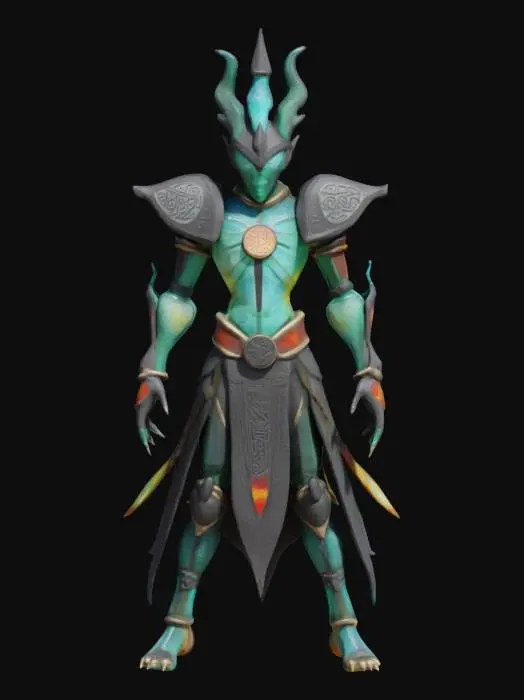3D model for an ancient glass warrior. Its body is sculpted from stained glass and obsidian, each shard etched with forgotten symbols. exposed joints, glowing cores, and reflective plates shifting color with emotion. Fingers taper into sharp crystal tips. Eyes are hollow yet shine with inner light. Its footsteps chime softly. create a being both fragile and deadly.