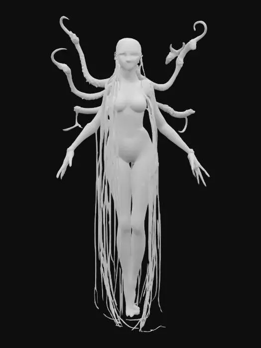 3D model for a symbiotic dream-harvester. Its translucent body shimmers with shifting hues, revealing pulsing organs and drifting runes. its spine extends into floating memory threads. Four arms end in delicate tools shaped like quills and needles. Its face is calm, eyes filled with galaxies. Create a character that feels ethereal, haunting.