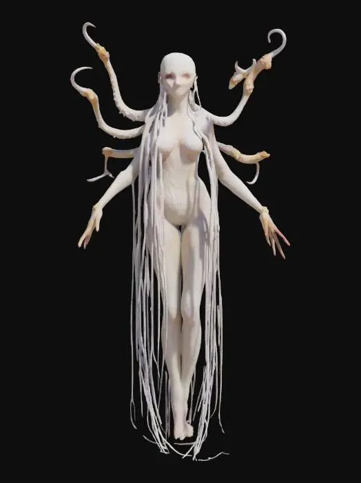 3D model for a symbiotic dream-harvester. Its translucent body shimmers with shifting hues, revealing pulsing organs and drifting runes. its spine extends into floating memory threads. Four arms end in delicate tools shaped like quills and needles. Its face is calm, eyes filled with galaxies. Create a character that feels ethereal, haunting.