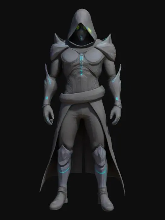 3D model for A futuristic assassin cloaked in reactive chameleon like armor. Their mask is sleek with one glowing eye and a voice-distorting respirator. , hinting at a forgotten past. Designed for a dark fantasy cyberpunk world,
