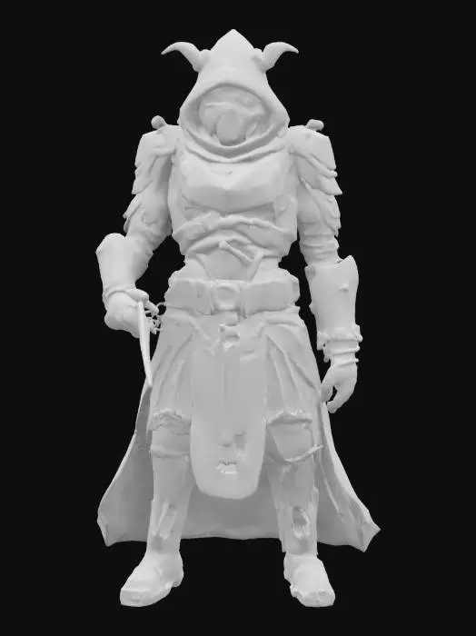 3D model for A futuristic assassin cloaked in reactive chameleon like armor. Their mask is sleek with one glowing eye and a voice-distorting respirator. , hinting at a forgotten past. Designed for a dark fantasy cyberpunk world,