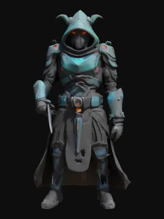 3D model for A futuristic assassin cloaked in reactive chameleon like armor. Their mask is sleek with one glowing eye and a voice-distorting respirator. , hinting at a forgotten past. Designed for a dark fantasy cyberpunk world,