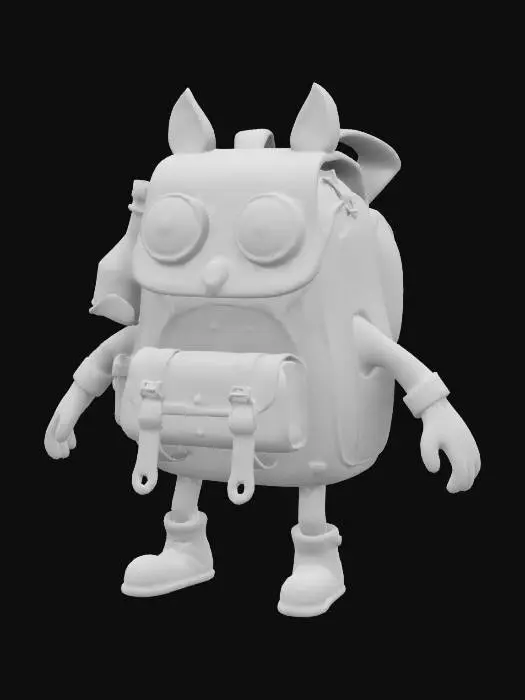 3D model for a sentient traveler’s backpack with legs and eyes, made of worn leather, patched fabric, and enchanted gear, carrying potions. Mix fantasy and funny styles. 