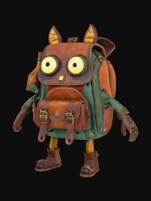 3D model for a sentient traveler’s backpack with legs and eyes, made of worn leather, patched fabric, and enchanted gear, carrying potions. Mix fantasy and funny styles. 