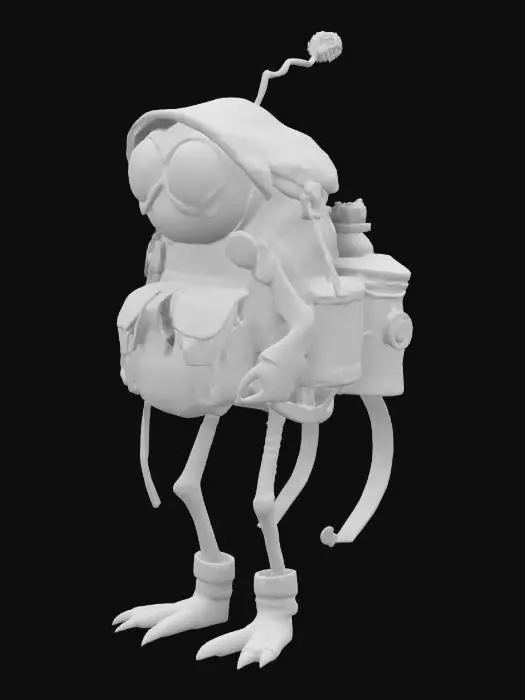 3D model for a sentient traveler’s backpack with legs and eyes, made of worn leather, patched fabric, and enchanted gear, carrying potions. Mix fantasy and funny styles. 