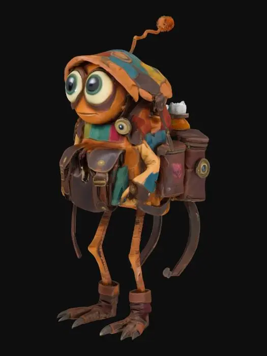 3D model for a sentient traveler’s backpack with legs and eyes, made of worn leather, patched fabric, and enchanted gear, carrying potions. Mix fantasy and funny styles. 