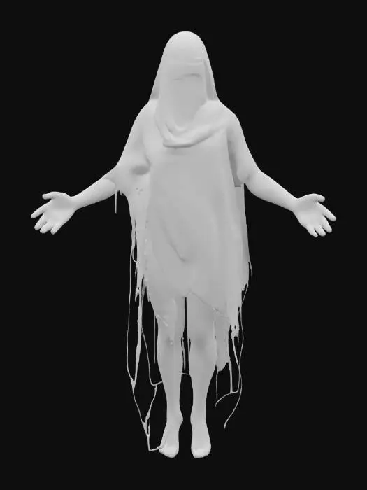 3D model for a blindfolded oracle who floats above the ground, draped in flowing cloth that shifts like smoke. Her arms are covered in glowing tattoos that move like constellations, and a third eye. Style blends mysticism and ethereal fantasy.