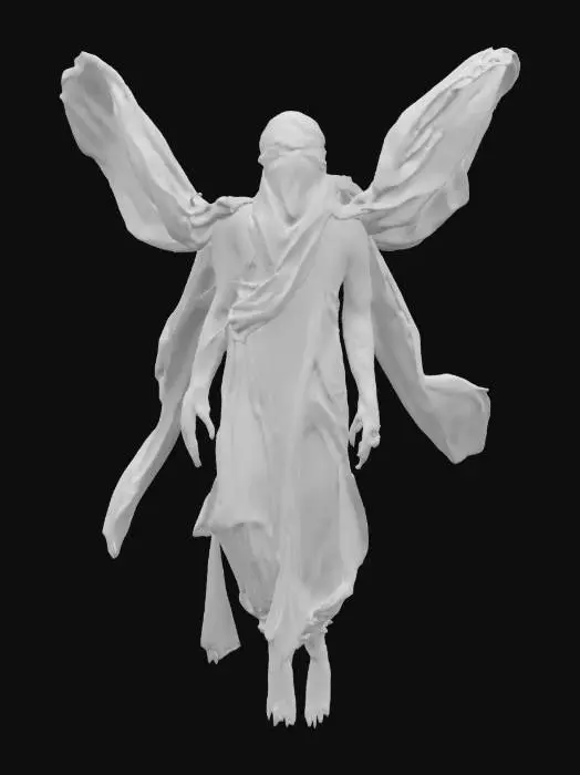 3D model for a blindfolded oracle who floats above the ground, draped in flowing cloth that shifts like smoke. Her arms are covered in glowing tattoos that move like constellations, and a third eye. Style blends mysticism and ethereal fantasy.