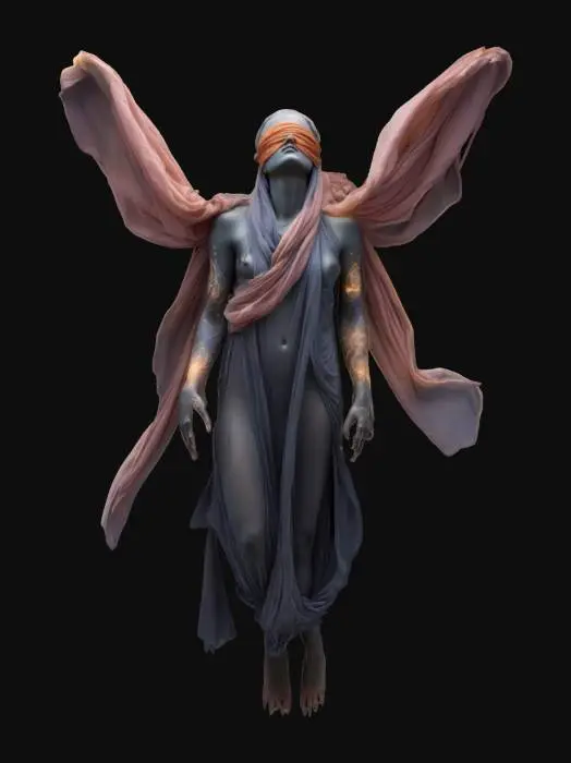 3D model for a blindfolded oracle who floats above the ground, draped in flowing cloth that shifts like smoke. Her arms are covered in glowing tattoos that move like constellations, and a third eye. Style blends mysticism and ethereal fantasy.