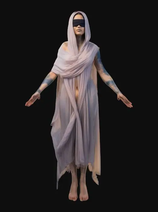 3D model for a blindfolded oracle who floats above the ground, draped in flowing cloth that shifts like smoke. Her arms are covered in glowing tattoos that move like constellations, and a third eye. Style blends mysticism and ethereal fantasy.