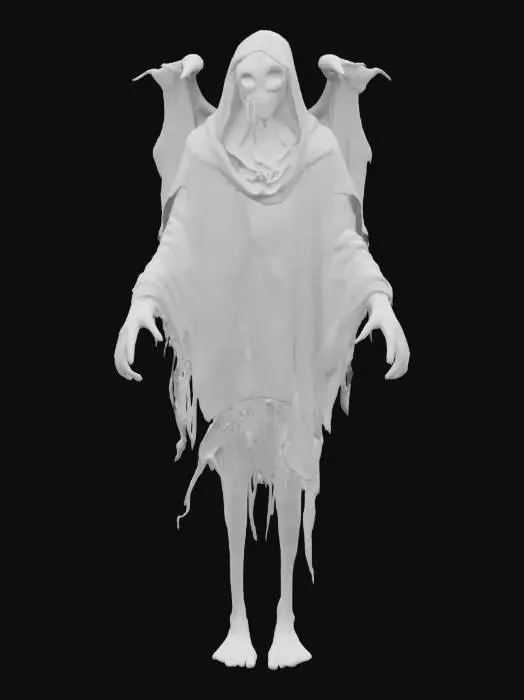 3D model for the Weeping Wraith, a spectral creature bound in tattered robes made of ghostly like shadows. Its face is a white mask of endless sorrow, with tears. Long, bony arms. Surreal mutated unnaturally shaped wings of decaying, translucent feathers flutter in silence.is Style is dark, surreal, and mournful.