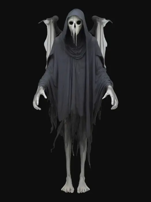 3D model for the Weeping Wraith, a spectral creature bound in tattered robes made of ghostly like shadows. Its face is a white mask of endless sorrow, with tears. Long, bony arms. Surreal mutated unnaturally shaped wings of decaying, translucent feathers flutter in silence.is Style is dark, surreal, and mournful.