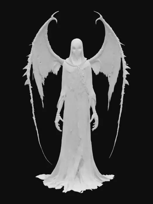 3D model for the Weeping Wraith, a spectral creature bound in tattered robes made of ghostly like shadows. Its face is a white mask of endless sorrow, with tears. Long, bony arms. Surreal mutated unnaturally shaped wings of decaying, translucent feathers flutter in silence.is Style is dark, surreal, and mournful.