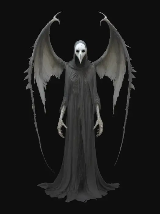 3D model for the Weeping Wraith, a spectral creature bound in tattered robes made of ghostly like shadows. Its face is a white mask of endless sorrow, with tears. Long, bony arms. Surreal mutated unnaturally shaped wings of decaying, translucent feathers flutter in silence.is Style is dark, surreal, and mournful.