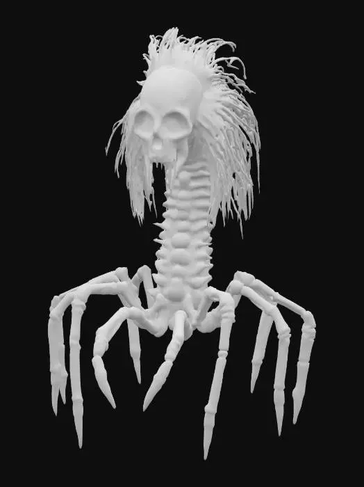 3D model for spine bone with ribs to the sides, looking like skeleton centipede, with only white horrific mask as the head, long black straight hair, plucked hair. Style is dark fantasy sorrowful, surreal, tragic, eerie ambience.