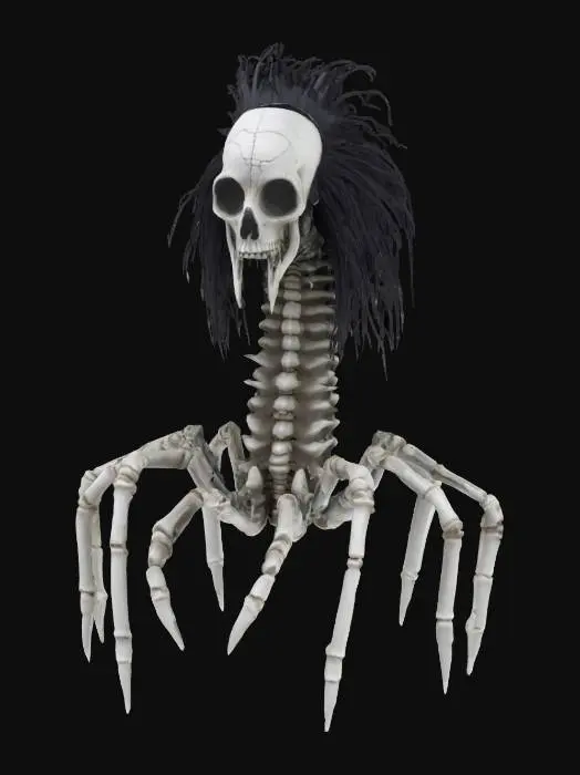 3D model for spine bone with ribs to the sides, looking like skeleton centipede, with only white horrific mask as the head, long black straight hair, plucked hair. Style is dark fantasy sorrowful, surreal, tragic, eerie ambience.