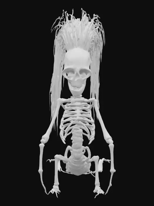 3D model for spine bone with ribs to the sides, looking like skeleton centipede, with only white horrific mask as the head, long black straight hair, plucked hair. Style is dark fantasy sorrowful, surreal, tragic, eerie ambience.