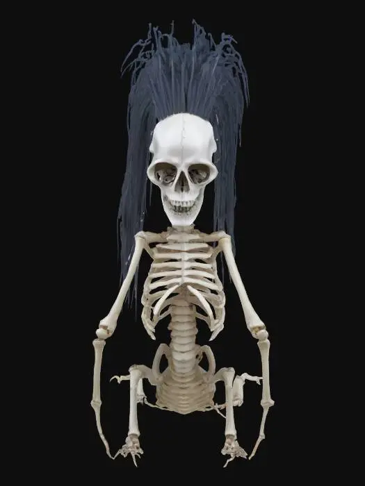 3D model for spine bone with ribs to the sides, looking like skeleton centipede, with only white horrific mask as the head, long black straight hair, plucked hair. Style is dark fantasy sorrowful, surreal, tragic, eerie ambience.