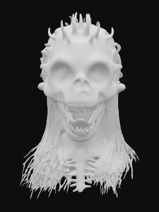 3D model for spine bone serpent with only white horrific mask as the head, long black straight hair, plucked hair. Style is dark fantasy sorrowful, surreal, tragic, eerie ambience.