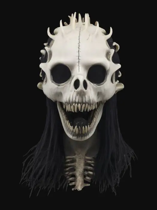 3D model for spine bone serpent with only white horrific mask as the head, long black straight hair, plucked hair. Style is dark fantasy sorrowful, surreal, tragic, eerie ambience.