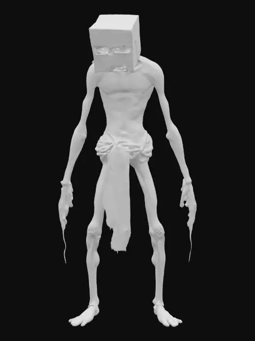 3D model for A gaunt, humanoid figure stands in T-pose, skin pale and stretched over sharp bones. Its head is encased in a massive, ornate metal helmet, squared and ancient, etched with dark patterns. Only one hand reaches from within, bony and pink, touching its lipless mouth. A ragged cloth drapes from its waist, tattered and stained. Its limbs are unnaturally long, feet bare and red. The form feels tragic, a relic cursed to wander in silence