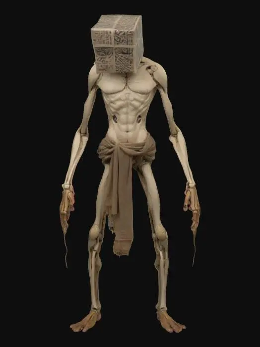 3D model for A gaunt, humanoid figure stands in T-pose, skin pale and stretched over sharp bones. Its head is encased in a massive, ornate metal helmet, squared and ancient, etched with dark patterns. Only one hand reaches from within, bony and pink, touching its lipless mouth. A ragged cloth drapes from its waist, tattered and stained. Its limbs are unnaturally long, feet bare and red. The form feels tragic, a relic cursed to wander in silence